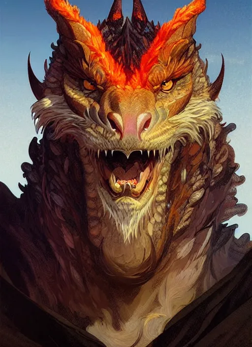 Image similar to ''face portrait furry handsome dragon, volcano landscape, fantasy, d & d, sharp focus, detailed, digital painting, art by greg rutkowski and alphonse mucha''