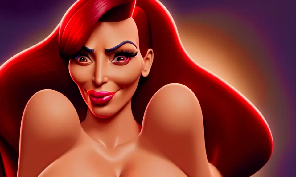 Prompt: epic professional digital art of kim kardashian as jessica rabbit in movie still from who framed roger rabbit, atmospheric lighting, foreboding, lignacio fernandez rios, mark ryden, iris van herpen, artstation, cgsociety, wlop