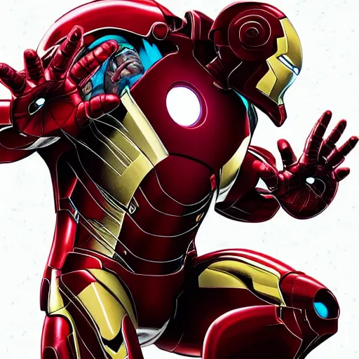 Image similar to marvel comic art, iron man, epic, explosions, fighter jets, popping out of the screen, 3 d illusion