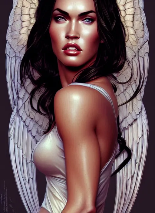 Image similar to portrait of megan fox as an sultry blonde angel, wings, bible, intricate, headshot, highly detailed, digital painting, artstation, concept art, sharp focus, cinematic lighting, illustration, art by artgerm and greg rutkowski, alphonse mucha, cgsociety