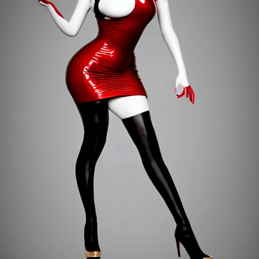 Prompt: an elegant curvy feminine pale goth cutie wearing an elaborate latex-nylon-leather striped red-black-silver-gold neck-high dress, thin waist, cgsociety, photorealistic, 16k, smooth, sharp focus, trending on ArtStation, volumetric lighting, worksafe, sublime-comforting-intriuging ambience
