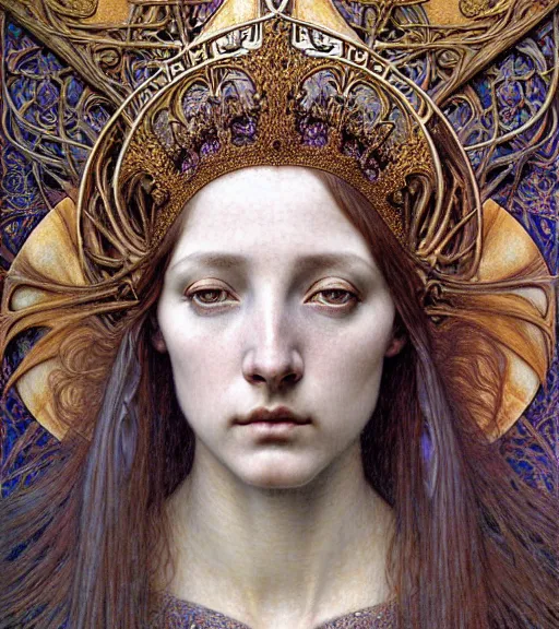 Prompt: detailed realistic beautiful young medieval queen face portrait by jean delville, gustave dore and marco mazzoni, art nouveau, symbolist, visionary, gothic, pre - raphaelite. horizontal symmetry by zdzisław beksinski, iris van herpen, raymond swanland and alphonse mucha. highly detailed, hyper - real, beautiful, fractal baroque