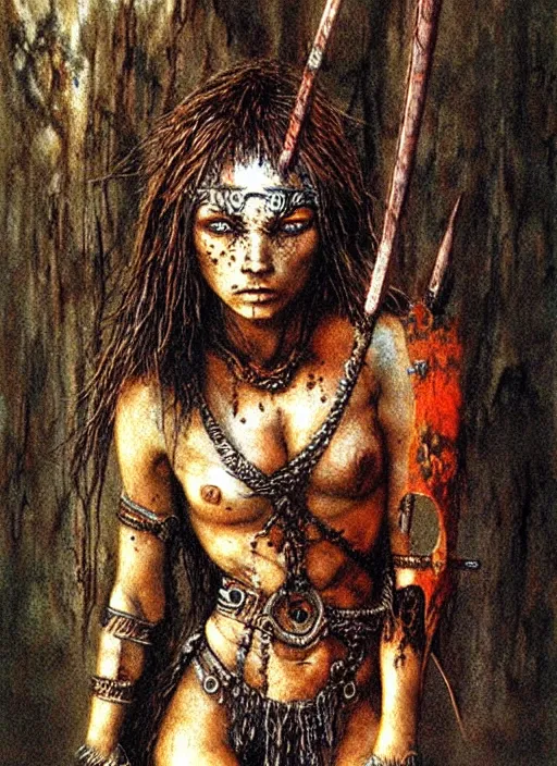 Prompt: barbarian warrior girl in tribal painting by Beksinski and Luis Royo