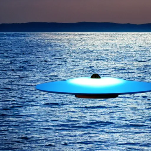 Prompt: a realistic photograph of a ufo in the shape of a saucer with no apparent propulsion system, glowing in a blue light, photographed above sea water with waves