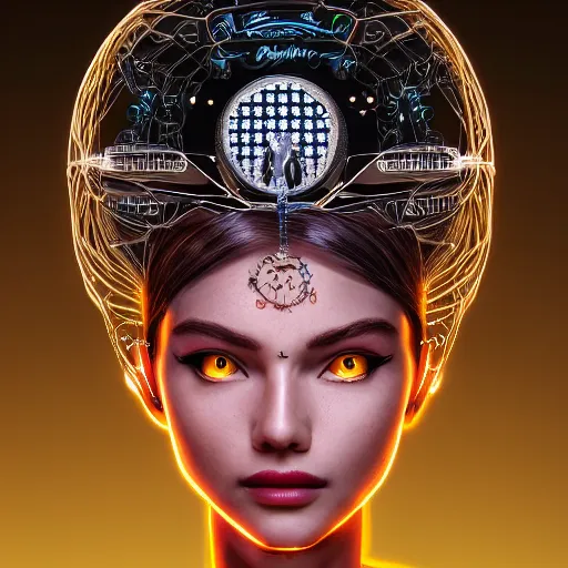 Prompt: woman integrating with technology, full face, detailed intricate ornate cables connected to head, big open electric eyes, luxurious detailed abundent wiring and implants, diamonds, sci-fi, neon, emeralds, detailed technology full background, highly detailed, artstation, Rene Lalique and Eddie Mendoza