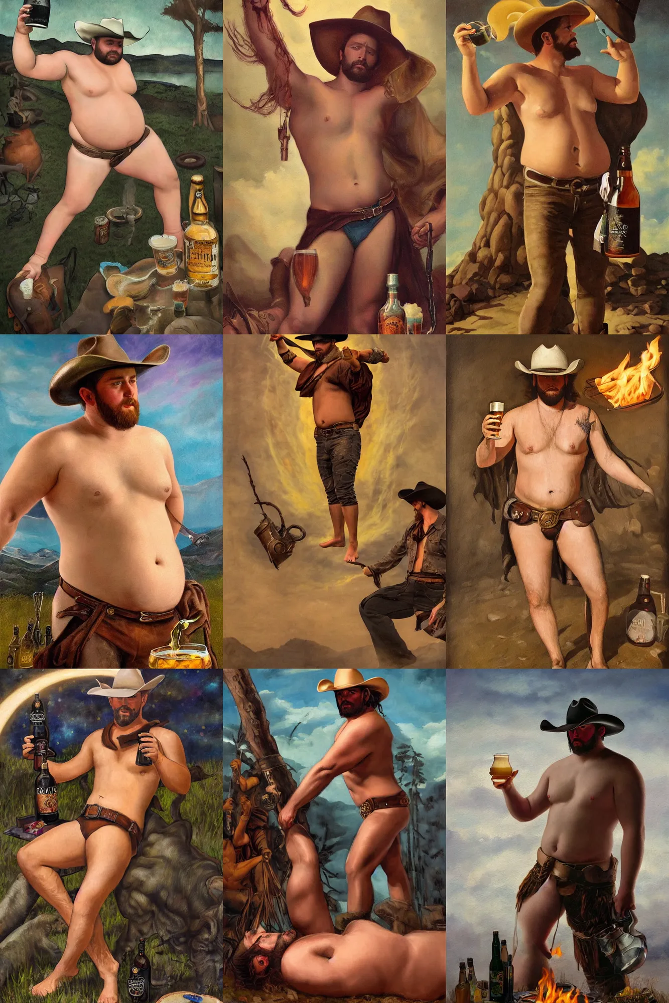 Prompt: a dramatic, epic, ethereal painting of a handsome thicc shirtless cowboy with a beer belly wearing a leather belt and hat offering you a drink | background is a late night campfire with food and jugs of whisky | tarot card, art deco, art nouveau, homoeroticism | by Mark Maggiori | trending on artstation