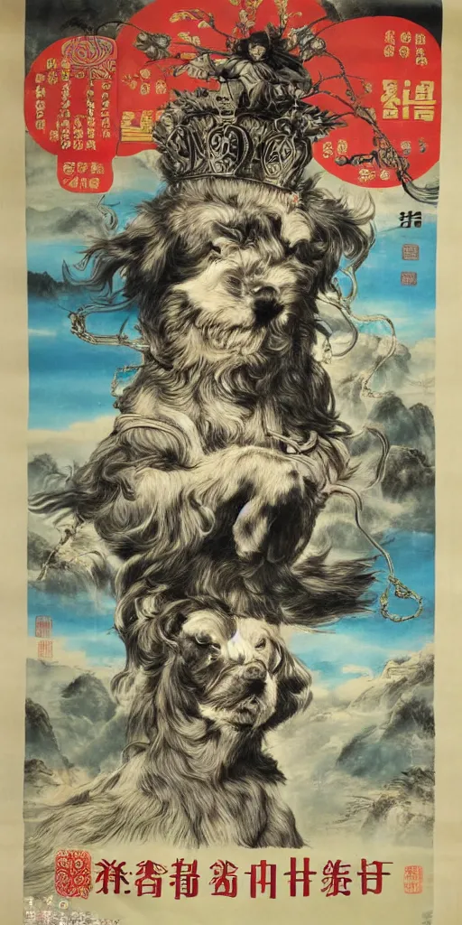 Image similar to chinese propaganda poster, dog as a god as the centerpiece, detailed face, gorgeous, amazing, flowing hair, very muscular male body, caesar victorious, proud emperor, crepuscular ray, intricate, highly detailed