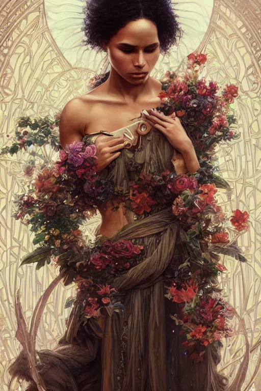 Image similar to ultra realistic illustration, zoe kravitz as persephone, intricate, elegant, highly detailed, digital painting, artstation, concept art, smooth, sharp focus, illustration, art by artgerm and greg rutkowski and alphonse mucha