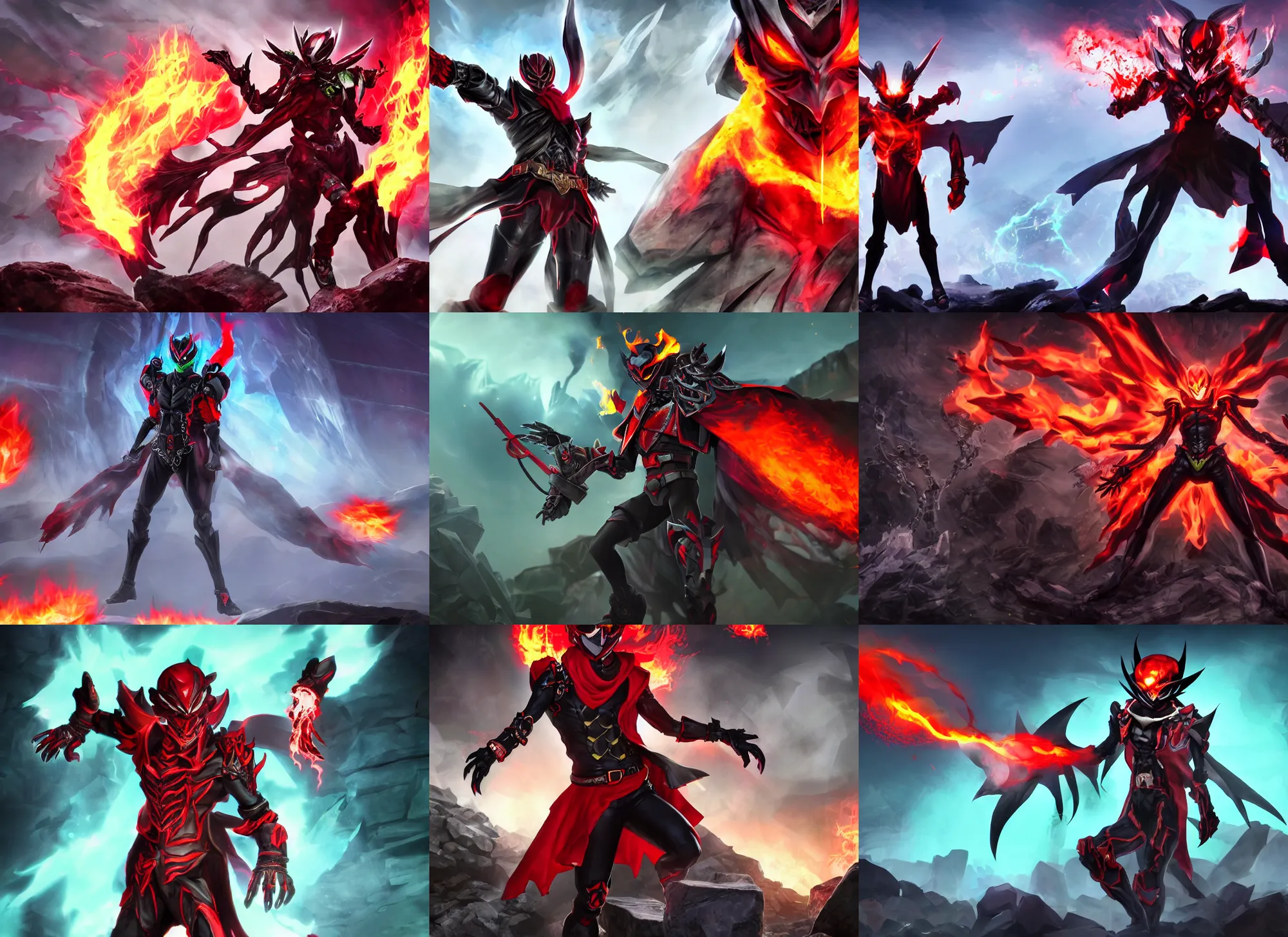 Prompt: Demonic Kamen Rider with a red scarf made of fire billowing behind him and skull gauntlets standing in a rock quarry, full body single character, League of Legends Character Splash Art, high quality, 4k, concept art, illustration, rubber suit, Arcane style