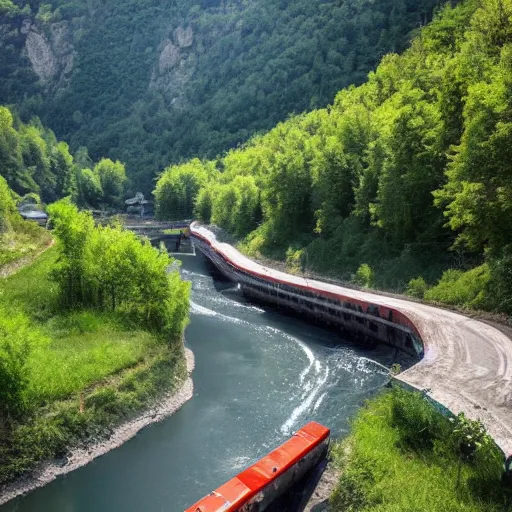 Image similar to a river flowing through a futuristic eastern european village, summer photo