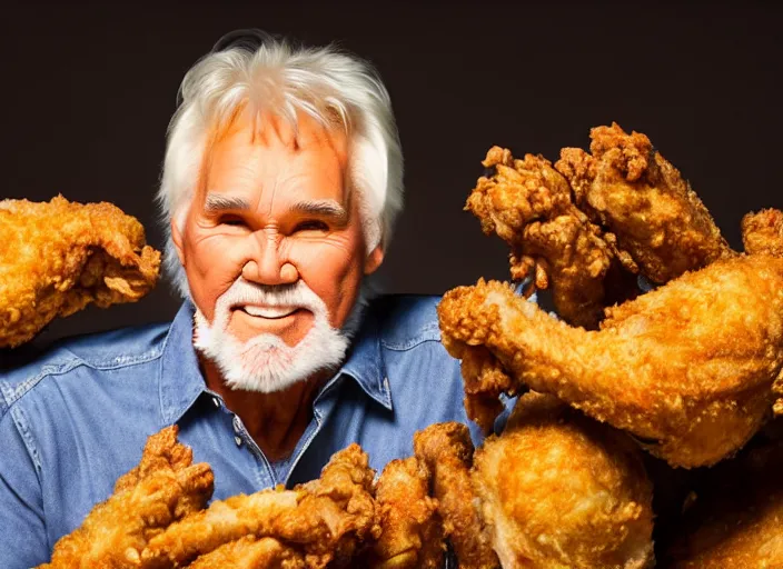 Image similar to photo still of kenny rogers in a fried chicken pit!!!!!!!! at age 4 6 years old 4 6 years of age!!!!!!!! hiding from parents, 8 k, 8 5 mm f 1. 8, studio lighting, rim light, right side key light