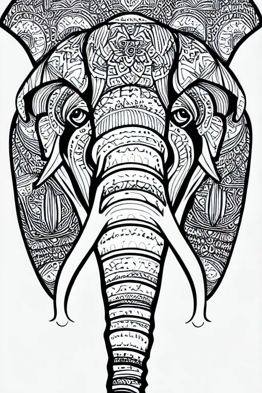 Image similar to elephant ornaments fractal ink drawing line art colouring page vector margins, fine lines