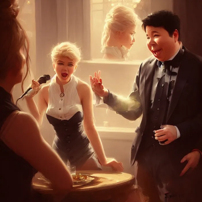 Image similar to michael mcintyre flirting with a singing waitress, elegant, real life skin, intricate artwork, high detailed, artstation, concept art, smooth, sharp focus, art by artgerm and greg rutkowski