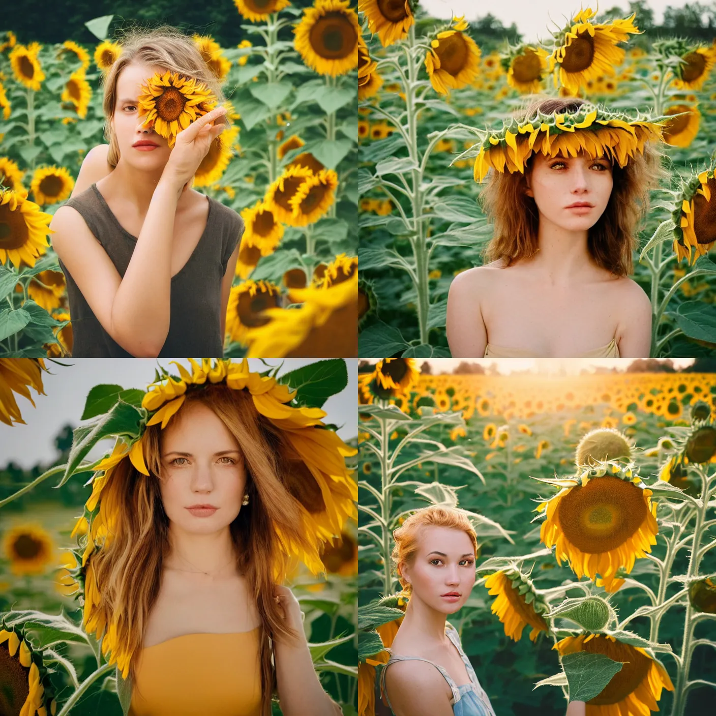 Prompt: An analog head and shoulder frontal face portrait photography of a woman behind multiple sunflowers by Oleg Oprisco. Kodak Portra 800 film. Depth of field. whirl bokeh. Sunshine. Golden hour. detailed. hq. realistic. warm light. muted colors. Moody. Filmic. Dreamy. lens flare. Leica M9, f/1.2, symmetrical balance, in-frame