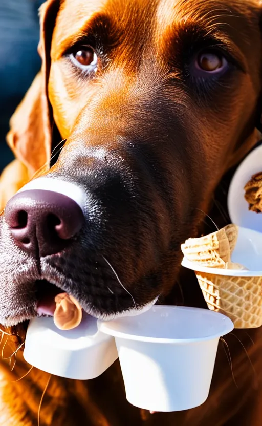 Prompt: a brown lab eating ice cream, hd photography