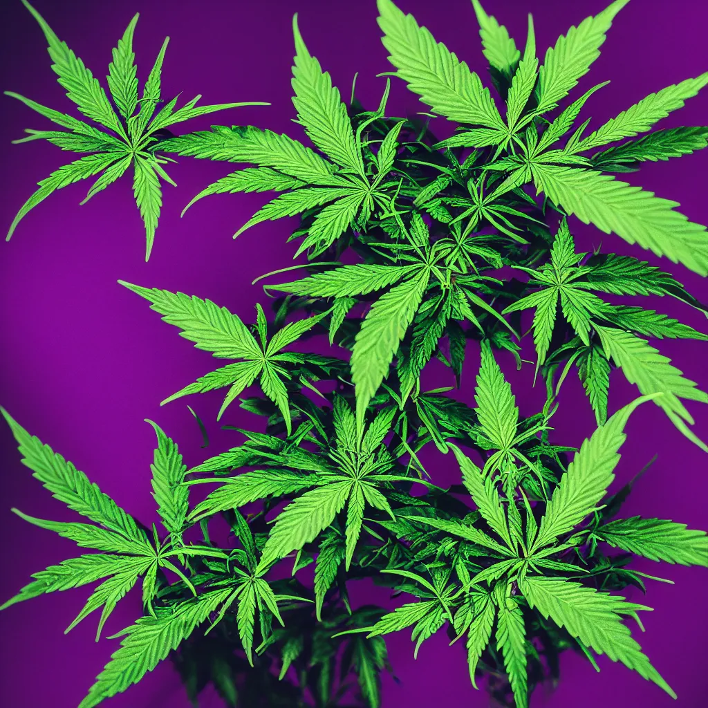 Prompt: a purple haze cannabis in pot, under dramatic light, photorealistic