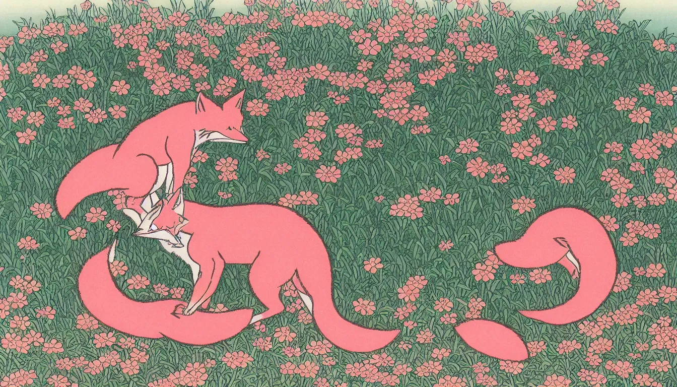 Image similar to pink fox head popping out of a field of multi colored flowers by hokusai,