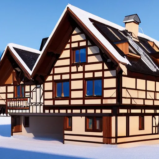 Image similar to a modern half - timbered house on the foot of elbrus mountain a digital rendering by schelte a bolswert, featured on polycount, de stijl, reimagined by industrial light and magic, angular, symmetrical