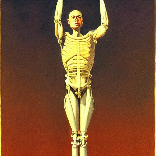 Image similar to biomechanical human raising his hands into the sky of the machine by edward hopper