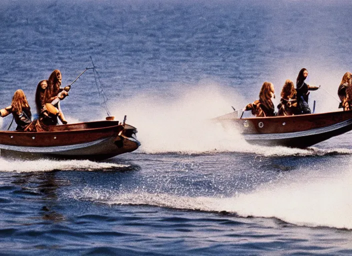 Image similar to photo of viking women in speed boats hunting, hyper realism, fujifilm velvia 5 0