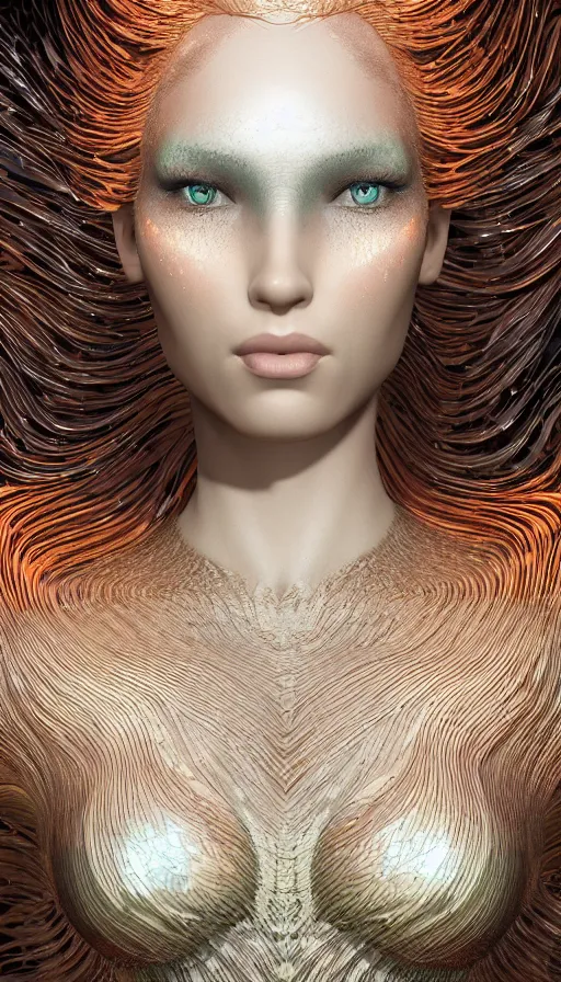 Prompt: a beautiful fantasy rendering of a mermaid with brunette flowing hair by greg rutkowsky and jonathan romeo, orange iridescent reflective scales by iris van herpen, trending on artstation, cryengine, 8 k, cray render - 8 9 6