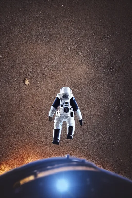 Image similar to a bottom view of a walking astronaut, photography, out - space background, cinematic lighting, 8 k