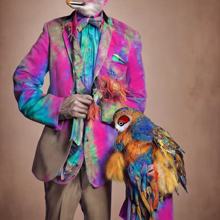 Image similar to high fashion photoshoot octane render portrait by wayne barlow and carlo crivelli and glenn fabry, a distinguished actor wearing a colorful wes anderson designed uniform and holding a tie - dye owl inside a high - end exotic colorful pastel vintage boutique hotel lounge, very short depth of field, bokeh