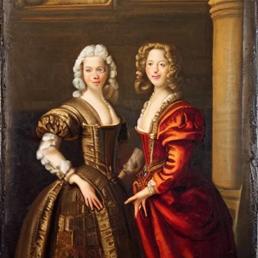 Prompt: oil portrait. two women in a vast castle lobby wearing fine clothes. dark room with light coming through the right side of the place. baroque style 1 6 5 6. high quality painting, no distortion on subject faces.