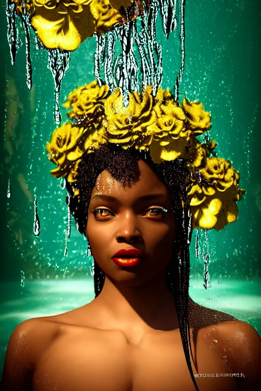 Image similar to hyperrealistic post rococo cinematic very expressive! black oshun goddess, in water up to her shoulders, mirror dripping droplet!, gold flowers, highly detailed face, digital art masterpiece, smooth eric zener cam de leon dramatic pearlescent volumetric teal light, wide shot, high angle uhd 8 k, sharp focus