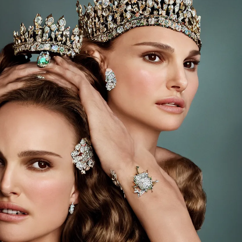 Prompt: natalie portman as the queen of england, big crown adorned with emerald, diamonds, topaz and other jewellaries, sensual, beautiful soft light failling on her face, studio photography, nikon 3 5 mm portrait photography, ultra realistic