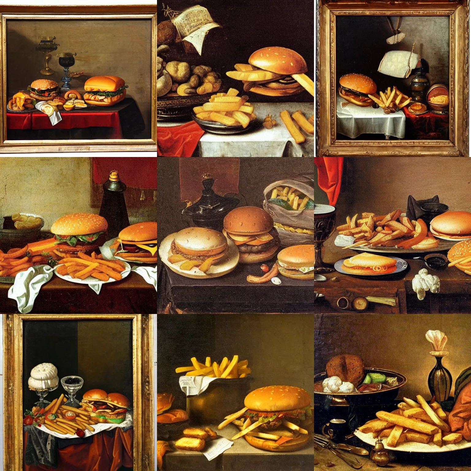 Prompt: Dutch still life from the 1600s, old oil painting: Large amount of fast food on a table, hamburger, french fries