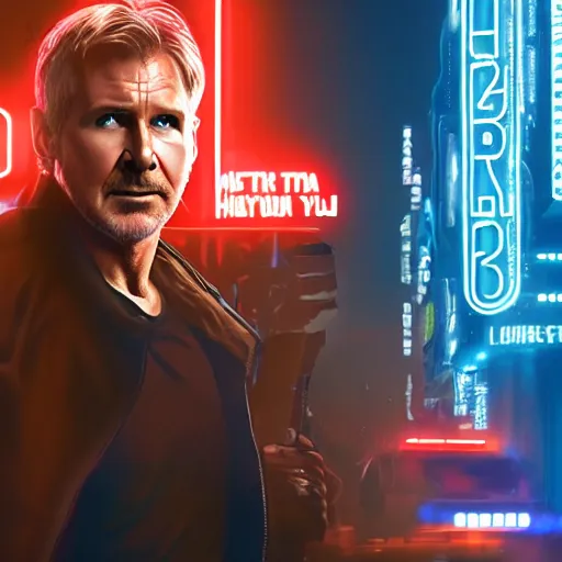 Prompt: harrison ford as ryan gosling in scene with advertisement the blade runner 2049, neon art, 8k