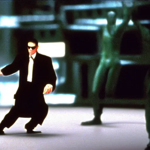 Prompt: movie still from the matrix ( 1 9 9 9 ) of donald trump