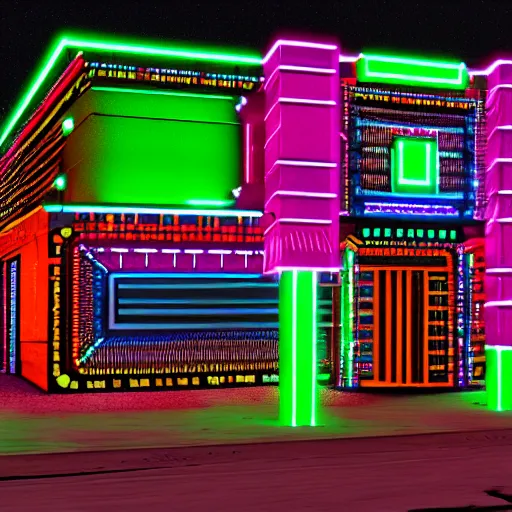 Image similar to cybernetic neon lit ndebele homestead seen from the front, highly detailed, octane rendered