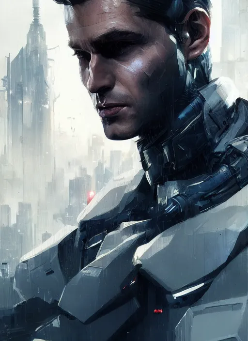 Image similar to portrait of a blonde bruce wayne, futuristic, cyberpunk, cybernetic enhancements, concept art, trending on artstation, greg rutkowski