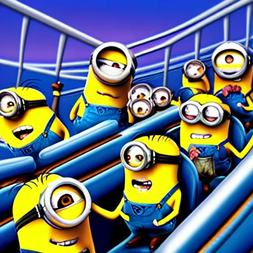 Image similar to minions on a roller coaster, concept art, highly detailed, digital art