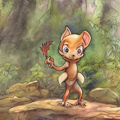 Image similar to watercolor of a chibi kobold in a forest. in the style of don bluth, disney, and hans zatzka. color harmony, 8 k detail, gallery quality, hd wallpaper, premium prints available.