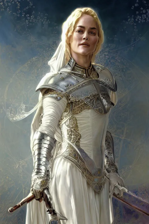 Image similar to beautiful and victorian and holy and divine and elite young medieval Sharon Stone in white armor knight portrait +shiny eyes+front face with light flowing hair, ultradetail face, art and illustration by tian zi and craig mullins and WLOP and alphonse mucha, fantasy, intricate complexity, human structure, human anatomy, fantasy character concept, watermark, blurry, hyperrealism 8k