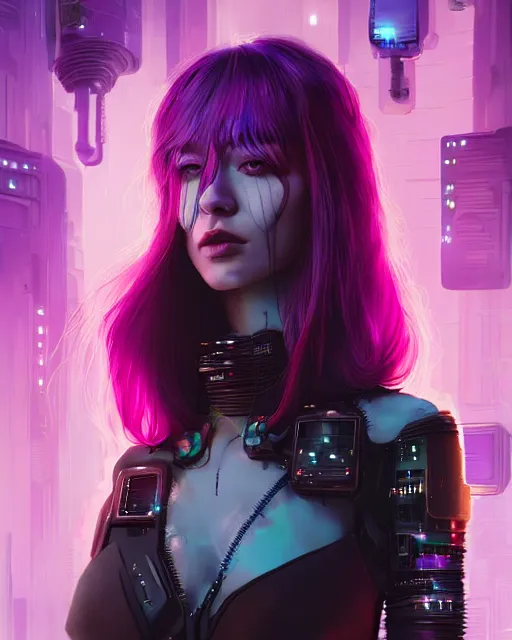 Prompt: portrait of a aesthetic beatiful woman with violet hair as a cyberpunk cyborg, sci - fi, missing panels, intricate abstract upper body intricate artwork, full body, by tooth wu, wlop, beeple, dan mumford. concept art, octane render, deviantart, greg rutkowski, cinematic, key art, hyperrealism, iridescent accents