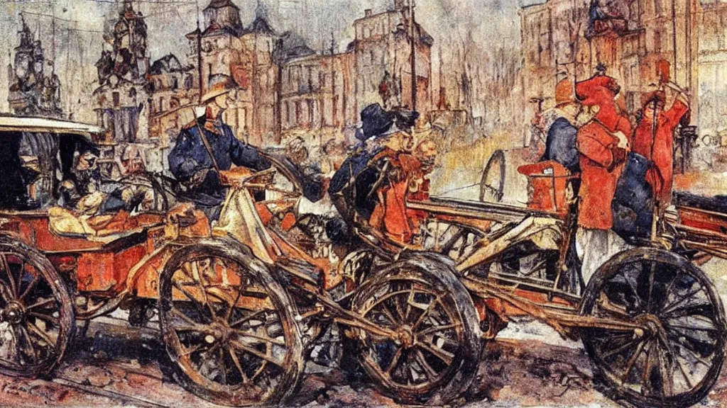 Image similar to russian revolution diesel - powered 1 9 1 0, painting by carl larsson