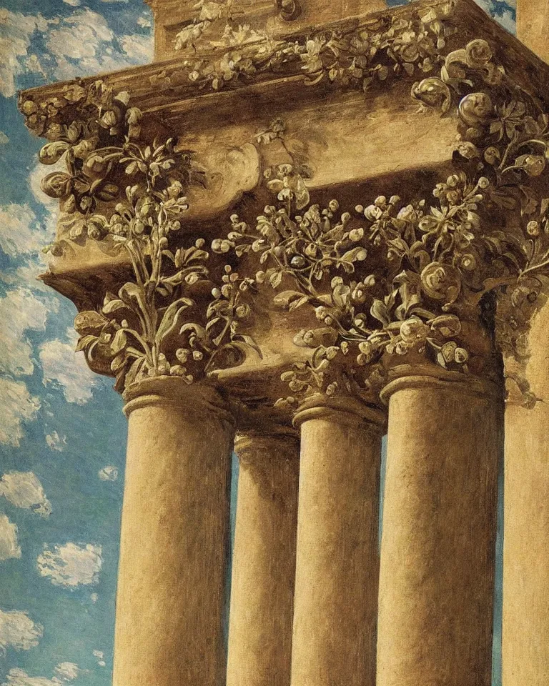 Image similar to achingly beautiful painting of intricate ancient roman corinthian capital on floral background by rene magritte, monet, and turner. giovanni battista piranesi.