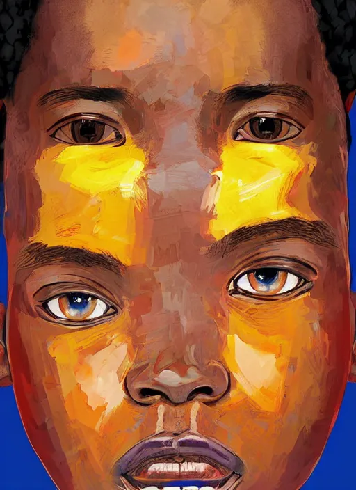 Image similar to colourful upper half portrait of an african boy - art by aya takano, highly detailed, digital painting, illustration, smooth, sharp focus, intricate, symmetry, pinterest, behance, artstation