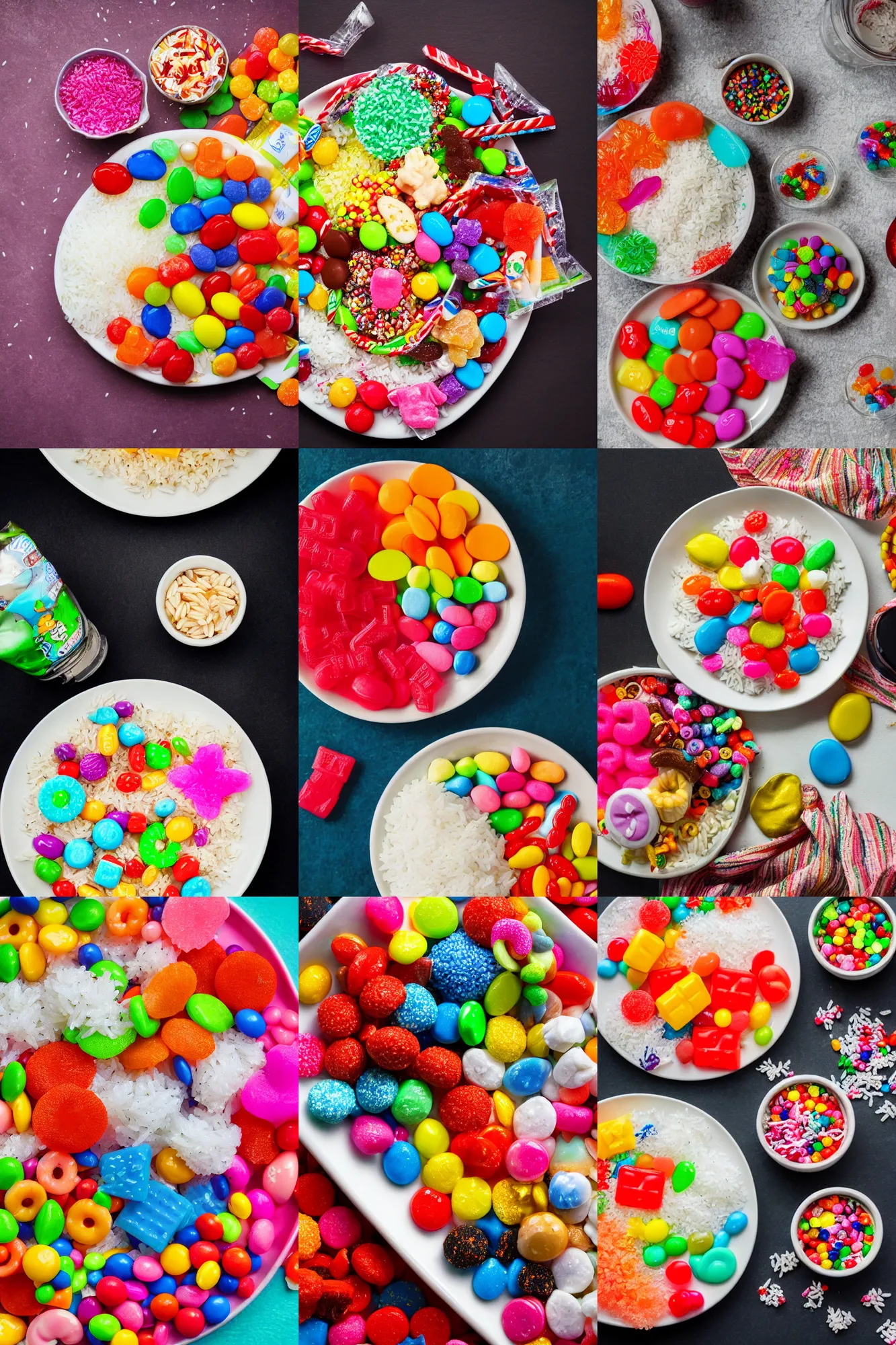 Prompt: a plate of rice mixed with candy, food photography