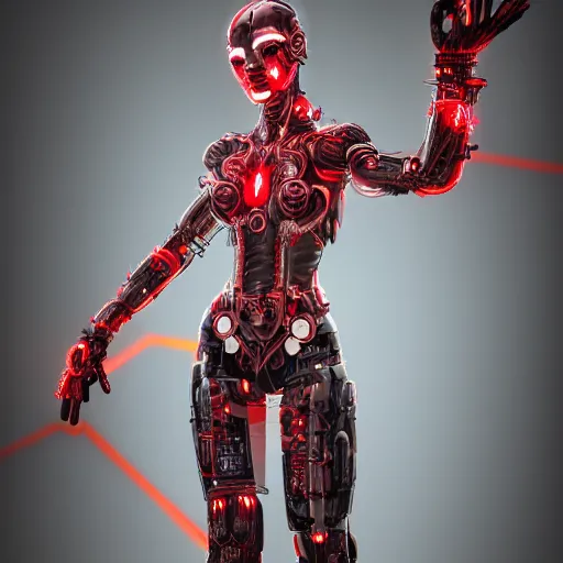 Image similar to cybernetic female warrior with glowing red heaphones and glowing red intricate sigils of death covering her body, intricate detail, finely detailed, small details, extra detail, trending on artstation, high resolution, 3D