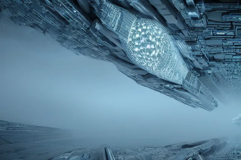 Image similar to a spaceship moving through a foggy complex organic fractal 3 d ceramic megastructure, cinematic shot, photo still from movie by denis villeneuve
