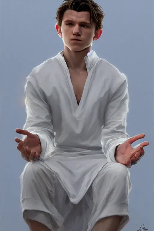 Image similar to tom holland godly white clothes meditating in the sun, blank lighting ultra realistic photorealistic highly detailed high quality, a stunningly, digital painting, artstation, concept art, smooth, sharp focus, illustration, art by artgerm and greg rutkowski and alphonse mucha 8 k