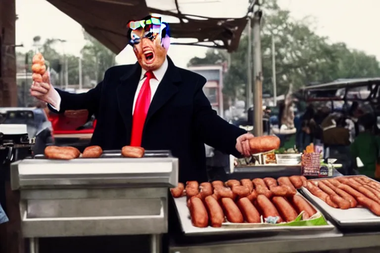 Image similar to a Film still of Donald trump selling hotdogs in the new joker movie, 4k