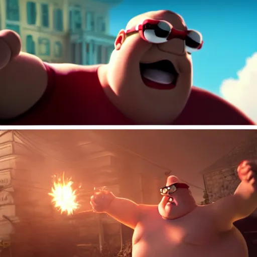 Image similar to real life Peter Griffin in a fist fight with giant chicken man, photorealistic, cinematic lighting, action movie, still frame from an action movie, highly detailed