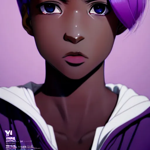 Image similar to anime poster film still portrait of a black young woman, large, purple eyes!!!, white hair!!!!!, french bob, bomber jacket, detailed facial features, dynamic pose, cute face by ilya kuvshinov, yoh yoshinari, makoto shinkai, rimlight, cel shaded, 4 k