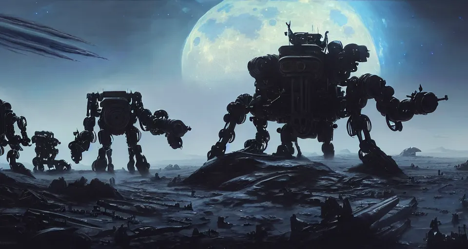 Image similar to hyper realistic sci - fi matte concept art painting of humanoid battlemechs fighting on the moon, guns, missiles, explosions, beautiful details, strong composition painted by kim jung guweta studio rutkowski, james gurney and greg rutkowski, and lucasfilm, smooth, intricate, detailed, sharp focus, cinematic